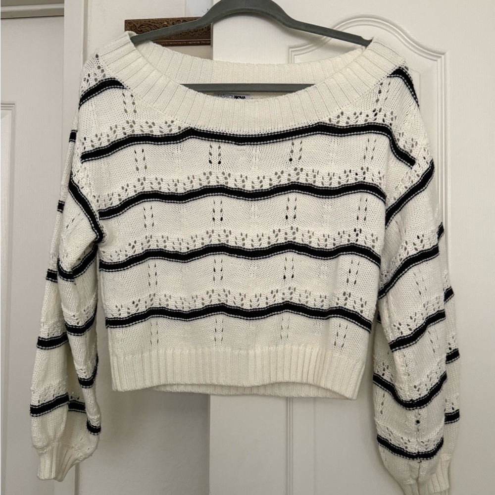 Fashion Nova White and Black Crew Neck Sweater